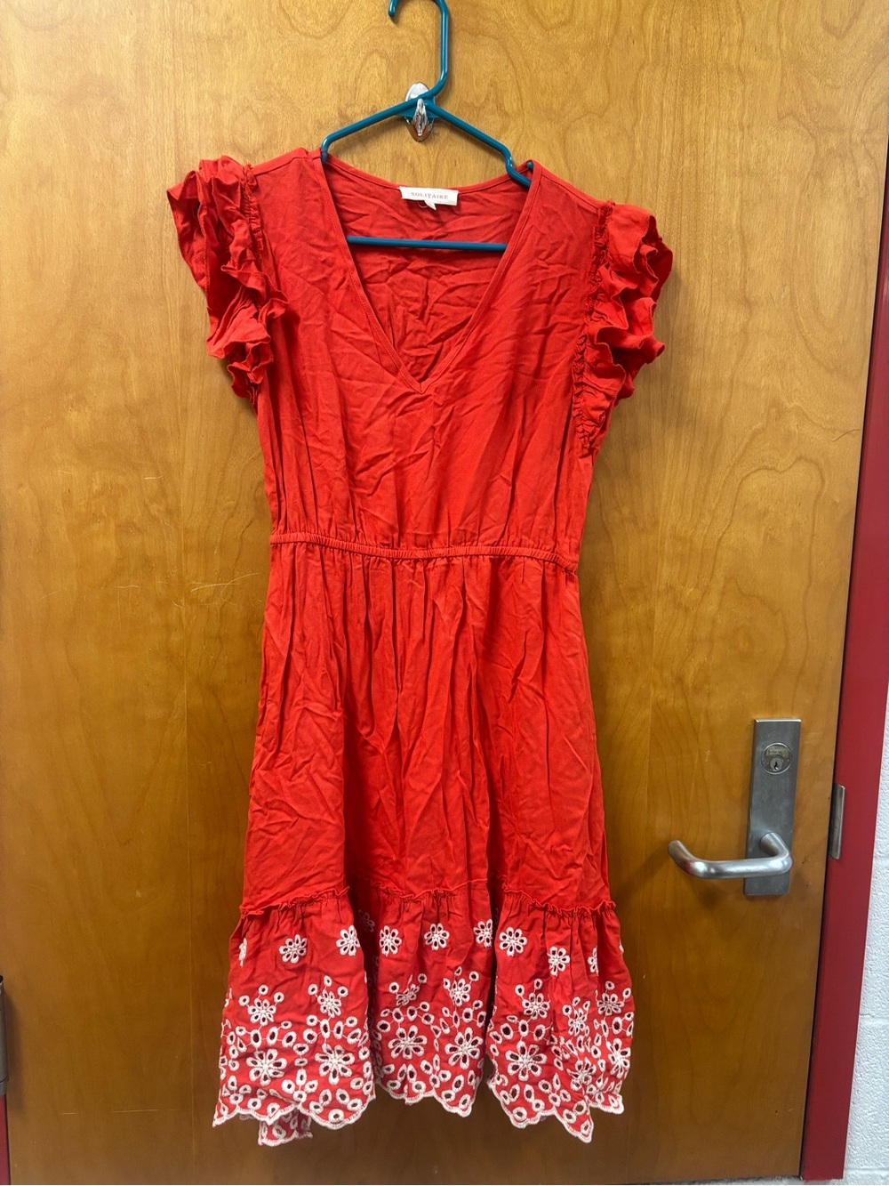 Solitaire Red Midi Dress with White Eyelet Hem
